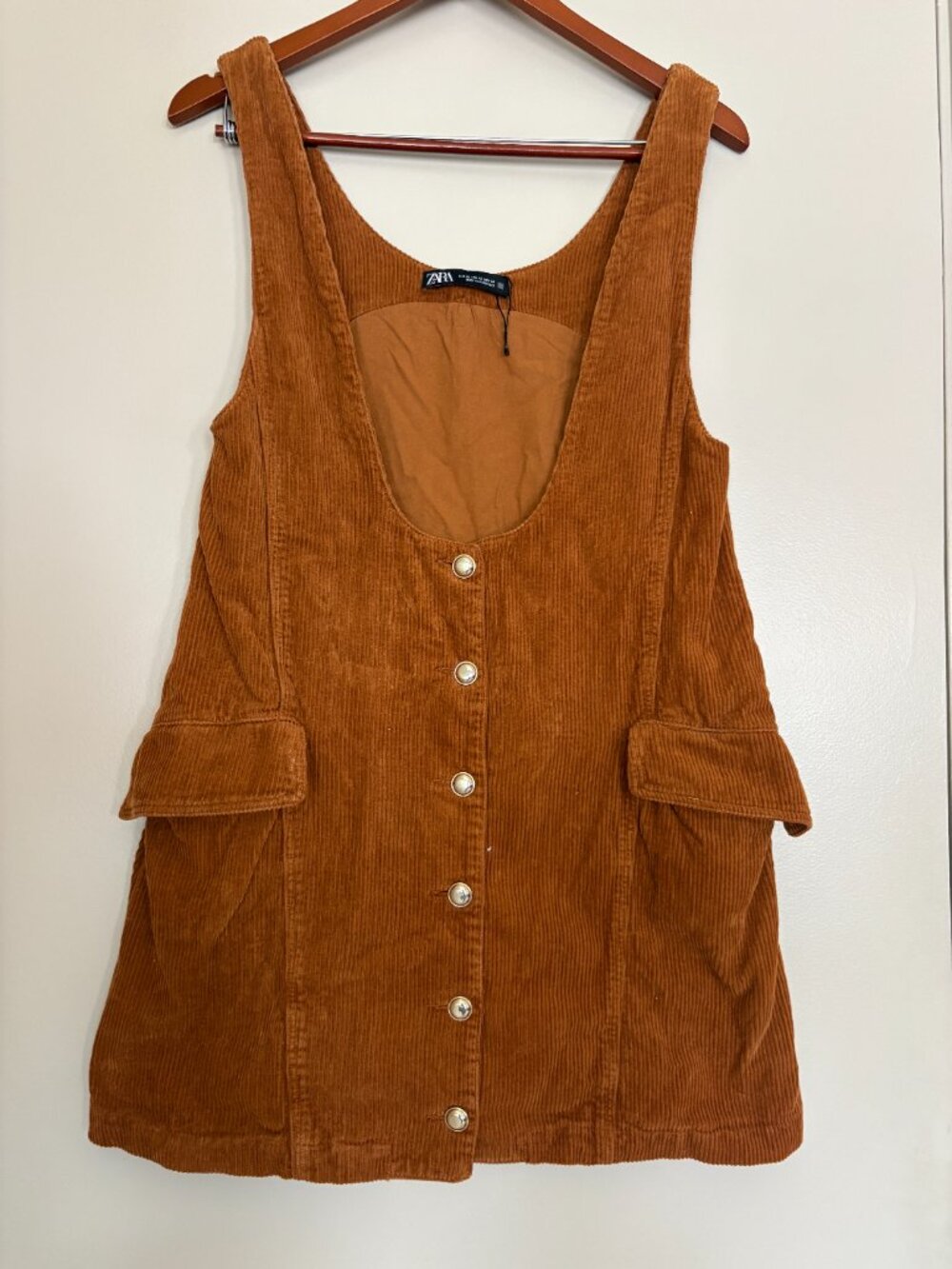 ZARA Brown Corduroy Pinafore Overall Dress XS – Button‑Down, Side Pockets